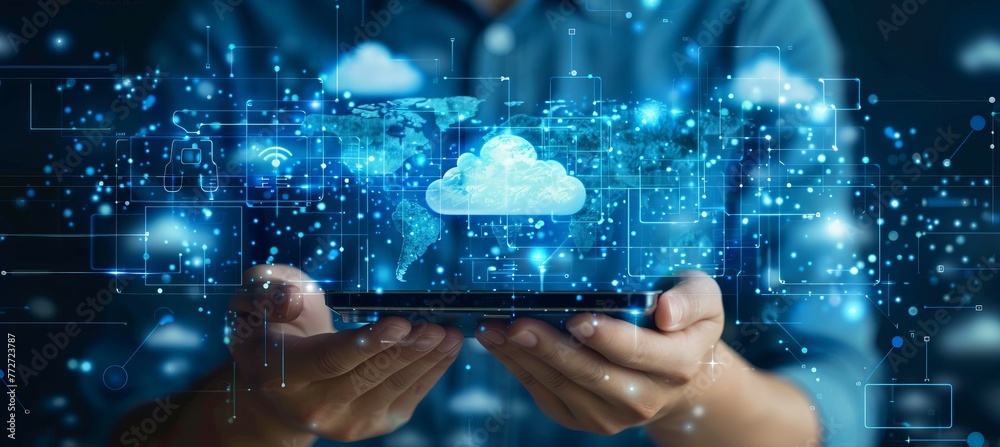 Aufkleber Hands holding tablet with clouds icon. Internet data hosting server. Generative AI technology.	
