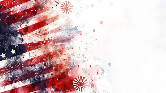 USA flag with fireworks on white background copy 4th of July American Independence Day. Red, blue and white star confetti decorations on white background. Flat lay, top view, copy space, Generative Ai