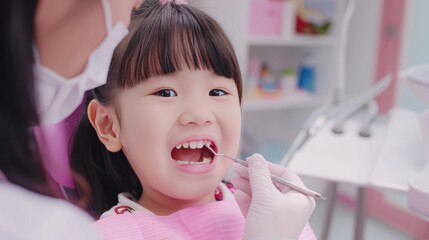 an asian child in bright modern dental clinic being examined by a dentist. 