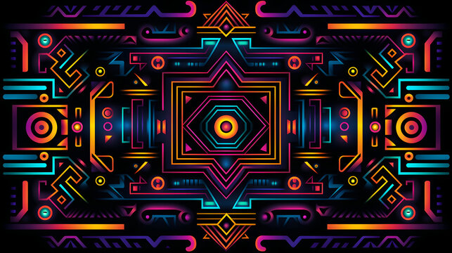 A colorful abstract neon design with a large circle in the middle. The design comprises many different shapes and colors, The scene is vibrant and dynamic