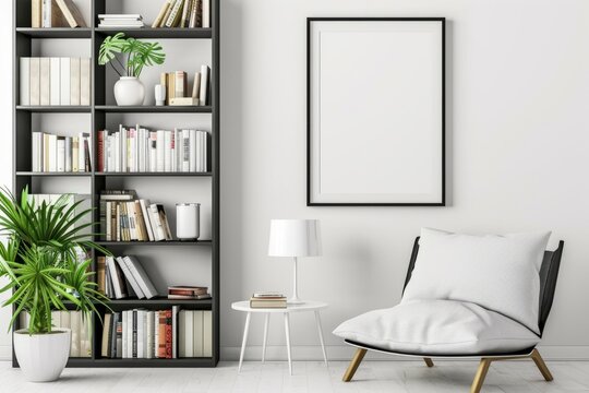 Living room with a chair, bookshelf, lamp, and picture frame on the wall
