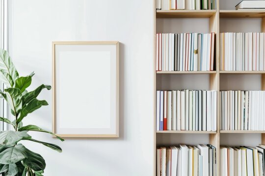Picture frame hangs on wall beside bookfilled bookshelf