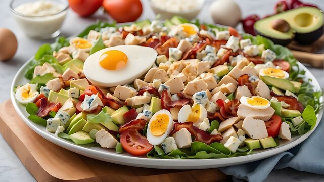 Rows of chopped tomatoes, crispy bacon, diced chicken, hard-boiled eggs, avocado slices, blue cheese, and mixed greens, drizzled with a creamy dressing.
