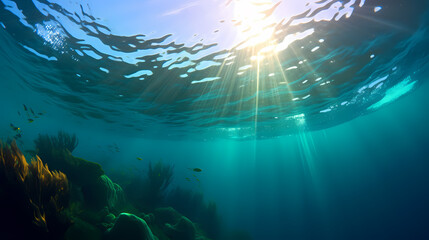 Obraz premium Sun's rays penetrate in clear blue underwater scene