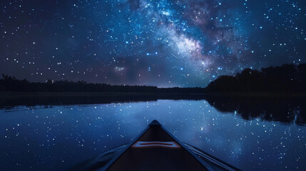 A canoe glides across a tranquil lake under the cover of a starry night sky. The reflection of the stars and moon on the water creates . . - obrazy, fototapety, plakaty