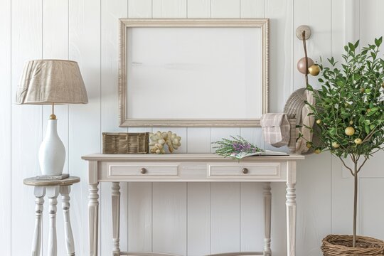 A rectangle picture frame hangs above the table in the room