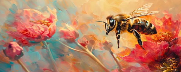 Illustrate the intricate details of a bee mid-flight , with vibrant petals blurred in the background, emphasizing the dynamic energy of nature - obrazy, fototapety, plakaty