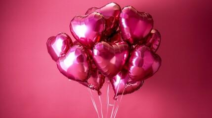 Collection of heart shaped balloons arranged in a glass vase, filled with helium