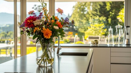 Fototapeta na wymiar A vase filled with colorful flowers sitting on a modern kitchen counter, adding a touch of freshness to the room