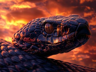 serpent design, set against a dramatic sunset backdrop Highlight the scales and intensity in its gaze, evoking a mix of fear and fascination