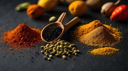curry red collection leaf herb cardamon organic cumin coriander black seed spices allspice food group indian turmeric pepper anise ingredient seasoning aroma spice black cooking star natu background - Powered by Adobe