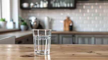A glass of water placed on top of a wooden table - obrazy, fototapety, plakaty