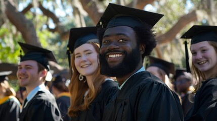 A diverse group of happy graduates wearing graduation caps and gowns