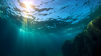 Sun's rays penetrate in clear blue underwater scene - obrazy, fototapety, plakaty