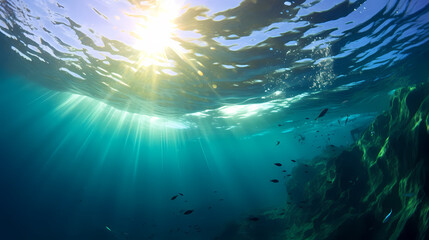 Sun's rays penetrate in clear blue underwater scene - obrazy, fototapety, plakaty