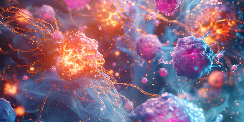 medical concept of leukemia cell closeup under abstract microscope. - obrazy, fototapety, plakaty