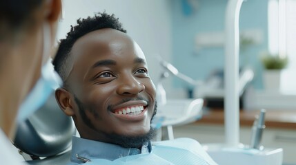 black dentist talking to male patient after oral cosmetic procedure, they both smile satisfied  - obrazy, fototapety, plakaty