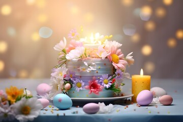 beautiful tender white and pink Easter cake with colored eggs, flowers and burning candles on blue background.
