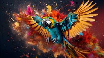 Colorful parrot holding paint in its wings
