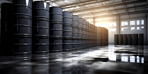 Warehouse with rows of large industrial barrels for transportation and storage of goods sunlight background
