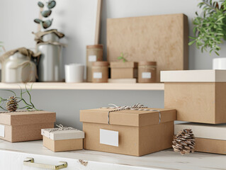 A neatly arranged collection of craft paper gift boxes with blank label tags, evoking feelings of anticipation and generosity on wooden shelf