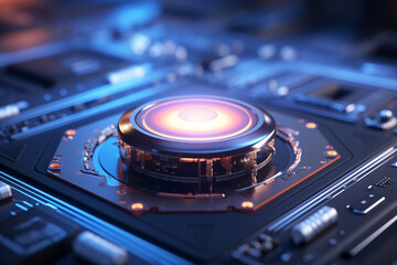 Obraz premium a button on a motherboard. It is a glowing circle on a circuit board