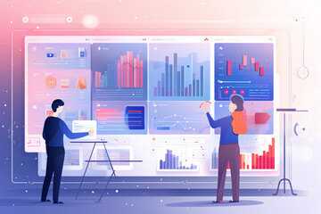 Business analysts, a man and a woman stand reviewing data on a large screen, Illustration style - obrazy, fototapety, plakaty