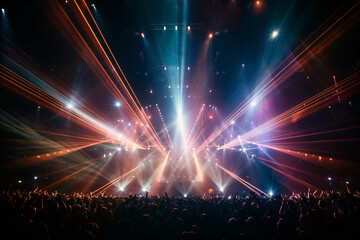 A brightly lit stage with colorful lighting effect, a concert or performance - obrazy, fototapety, plakaty