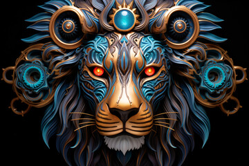 A colorful digital artwork of a lion head with a geometric pattern for a mane, staring ahead with determination