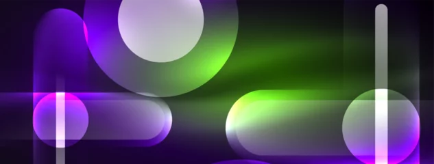 Poster Abstract design pulsates with neon glowing light effects, casting an entrancing glow in the darkness, captivating the eye with its vibrant energy. Glass circles neon glowing light effects © antishock