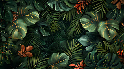 A lush green background with leaves and vines. The image has a tropical feel to it - obrazy, fototapety, plakaty