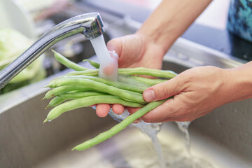 Woman hands washing fresh green beans in a kitchen - 772727171
