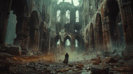 Lost amidst the ruins of ambition, a lone figure grapples with the harsh reality of shattered dreams. - obrazy, fototapety, plakaty