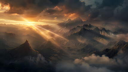 A mountain range with a sun shining through the clouds. The sun is casting a warm glow on the mountains, creating a serene and peaceful atmosphere