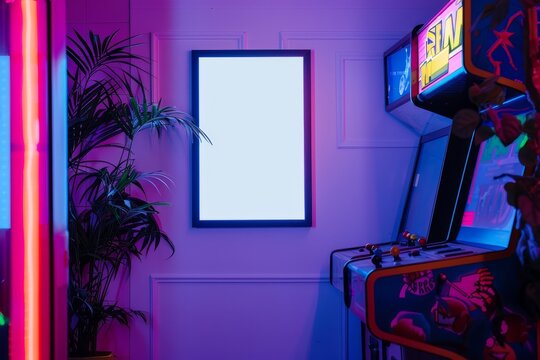 An interior design with arcade games, a picture frame, and a violet houseplant