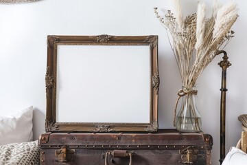 a picture frame is sitting on top of an old suitcase next to a vase of dried flowers
