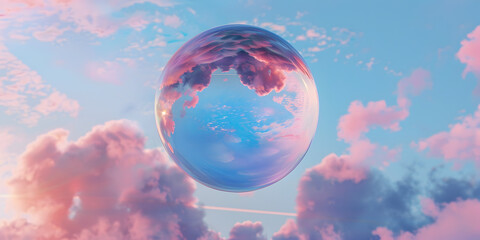 Obraz na płótnie Canvas A Soap Bubble Dancing Amidst Billowing Clouds, Mirroring the Mystical Blues and Rosy Pinks of the Sky - Background and Wallpaper
