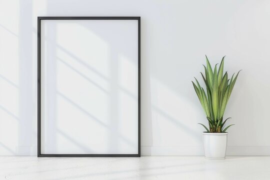 A picture frame hangs on a white wall beside a houseplant in a flowerpot