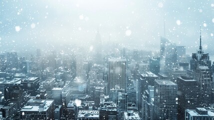 A panoramic view of a cityscape blanketed in pristine white snow with no sign of human life in sight. The delicate snowflakes continue to fall indifferent to the concrete
