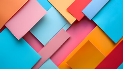 A colorful paper sheet squares and rectangles with a pink and blue abstract background. The squares are of different colors and sizes, creating a vibrant and dynamic composition