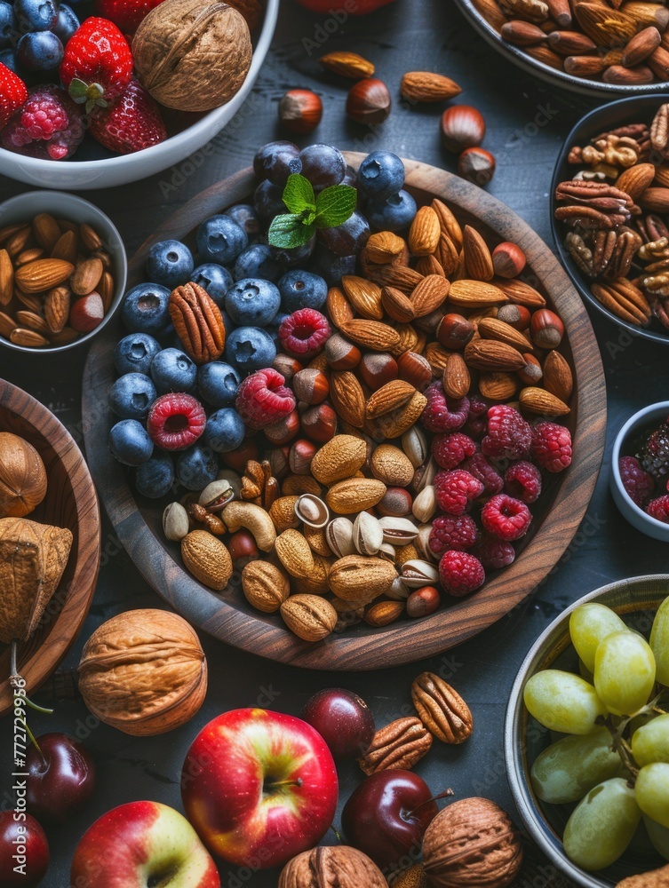 Sticker Bowl of mixed nuts and fruit is displayed on table