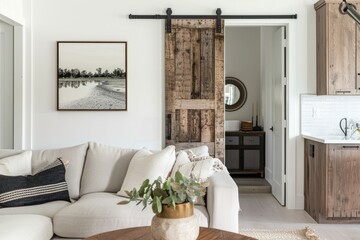 Cozy living room featuring a couch, table, and sliding barn door - obrazy, fototapety, plakaty