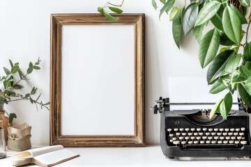 A picture frame and a typewriter sit on the table in the room