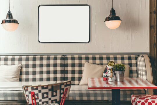Restaurant with checkered couch, tables, chairs, and picture frame on the wall