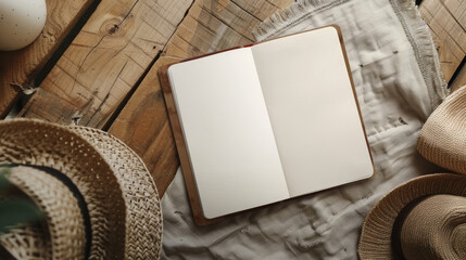 A blank label notebook resting on a rustic wooden table, surrounded by summer hats, evokes a sense of vacation