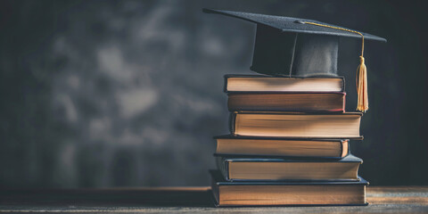 A graduation cap resting on top of a neatly stacked set of academic books, symbolizing academic achievement and success