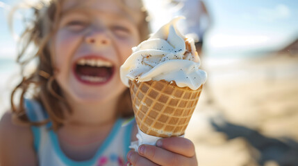 A laughing child eating ice cream on a sunny beach