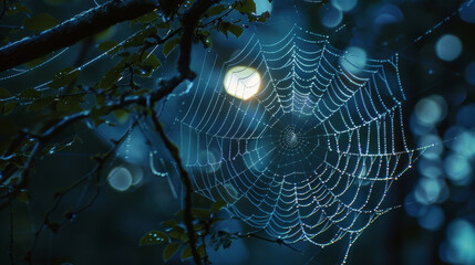A delicate spider web glistens in the moonlight a symbol of the intricate beauty found in solitude. . .