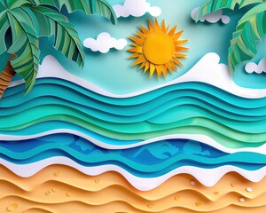 Fototapeta na wymiar Summer beach, 3D paper cut, travel theme backdrop, close up, vibrant blue sea, sun detail
