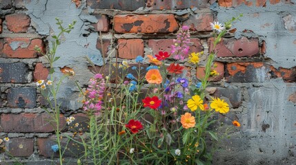 A bouquet of wildflowers blooming between the cracks of a brick building a pop of color amidst the dull cityscape. © Justlight